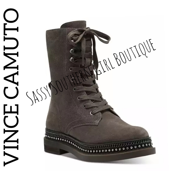 🆕⭐ VINCE CAMUTO suede mocha brown rhinestone combat boots - Picture 1 of 12